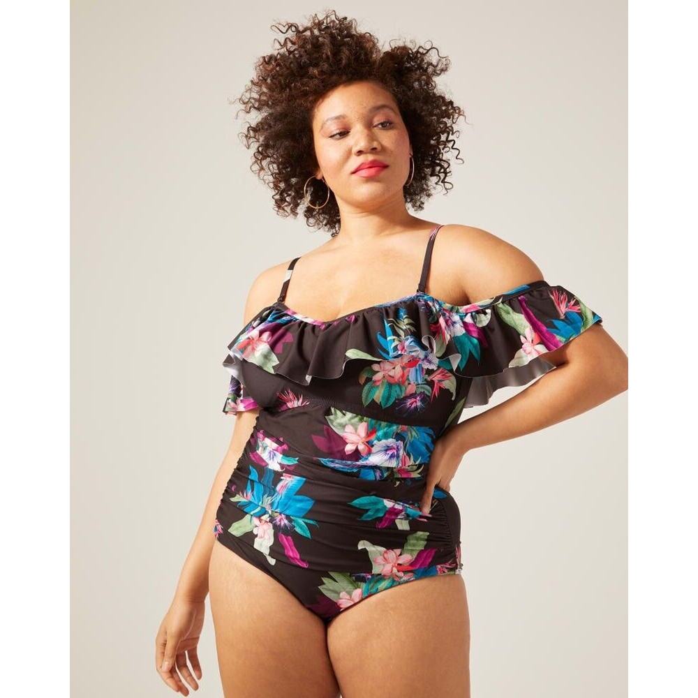 City Chic Size S 16 Swimsuit Elba One Piece‎ Off The Shoulder Tropical Print NEW